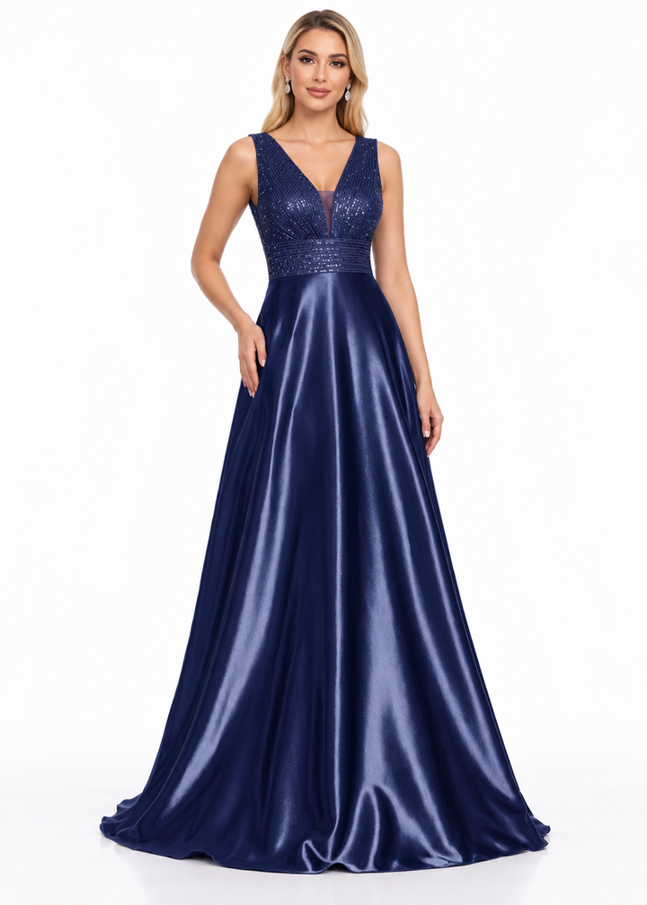 Embellished V-Neck Satin A-Line Maxi Dress - Belladonna