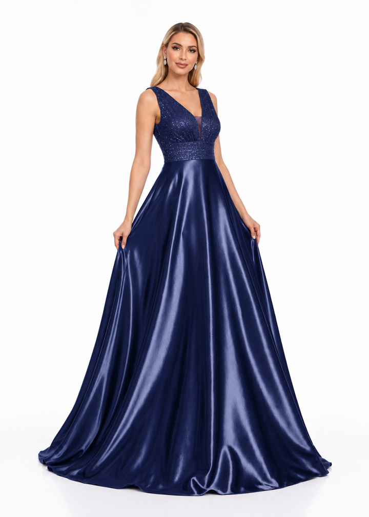 Embellished V-Neck Satin A-Line Maxi Dress - Belladonna