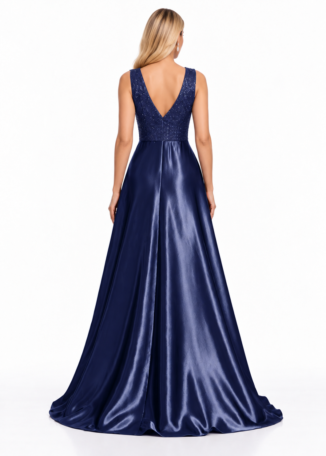 Embellished V-Neck Satin A-Line Maxi Dress - Belladonna