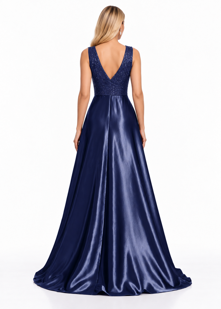 Embellished V-Neck Satin A-Line Maxi Dress - Belladonna