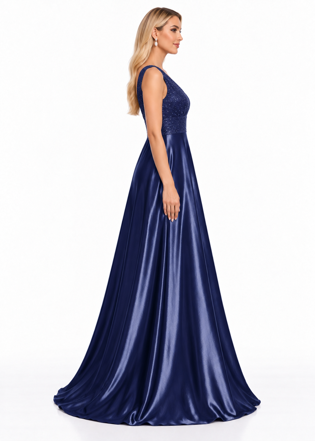 Embellished V-Neck Satin A-Line Maxi Dress - Belladonna