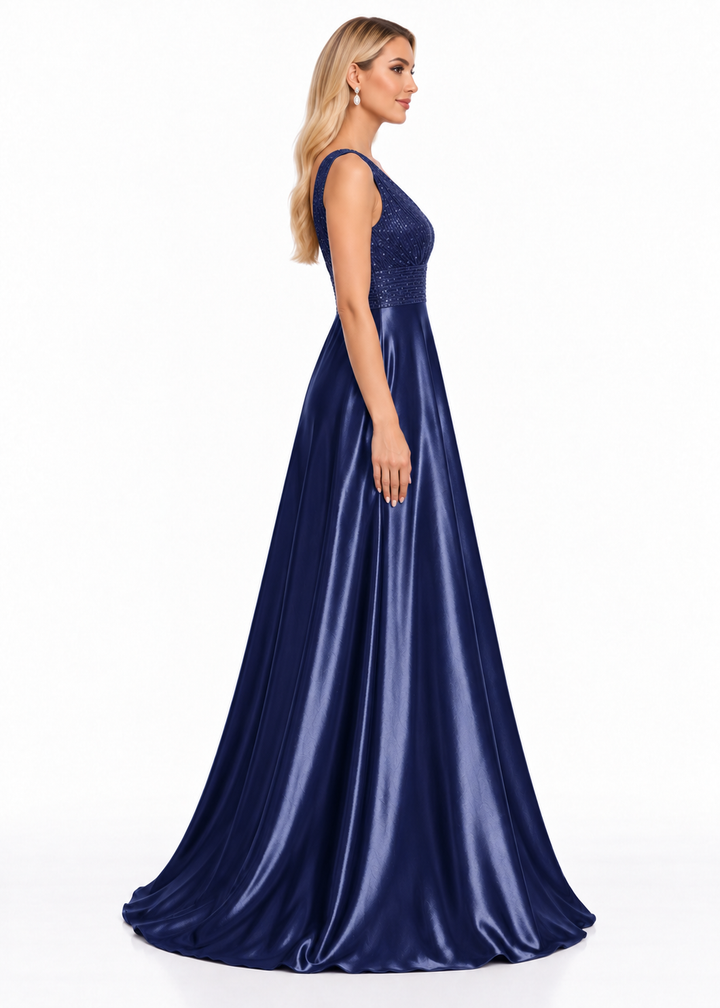 Embellished V-Neck Satin A-Line Maxi Dress - Belladonna