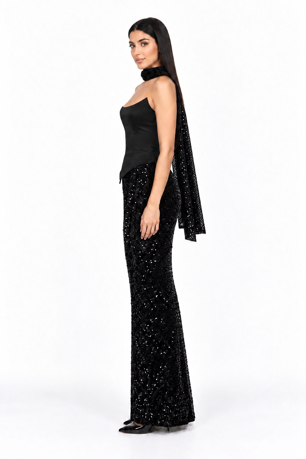 Sequin Corset Column Maxi Dress - Onyxia