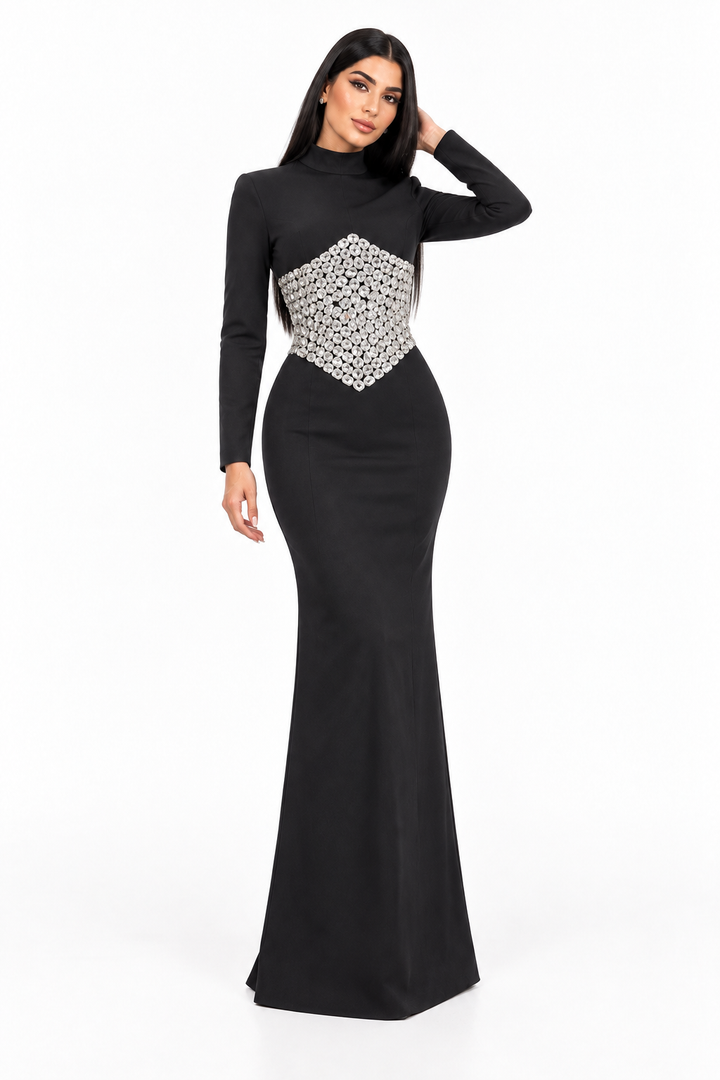 Crystal Corset High Neck Maxi Dress - Noirielle