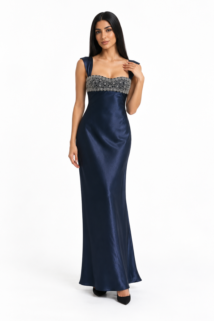 Embellished Satin Column Maxi Dress - Valentina