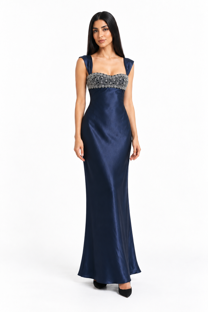 Embellished Satin Column Maxi Dress - Valentina