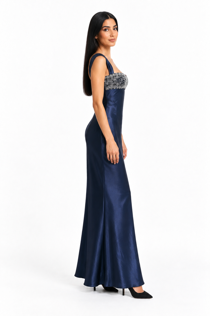 Embellished Satin Column Maxi Dress - Valentina