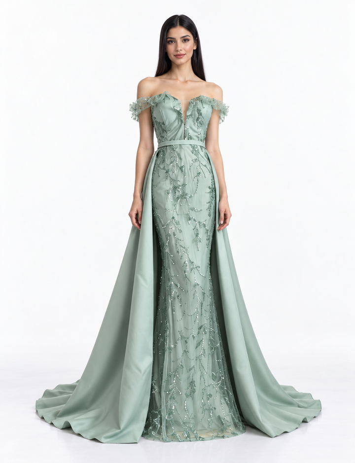 Embellished Off Shoulder Cape Maxi Dress - Elysia