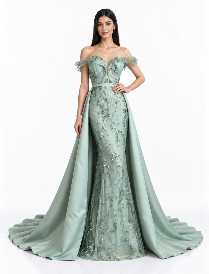 Embellished Off Shoulder Cape Maxi Dress - Elysia