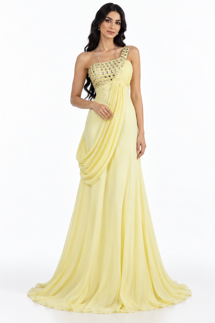 Embellished One-Shoulder Draped Maxi Dress – Aurelle