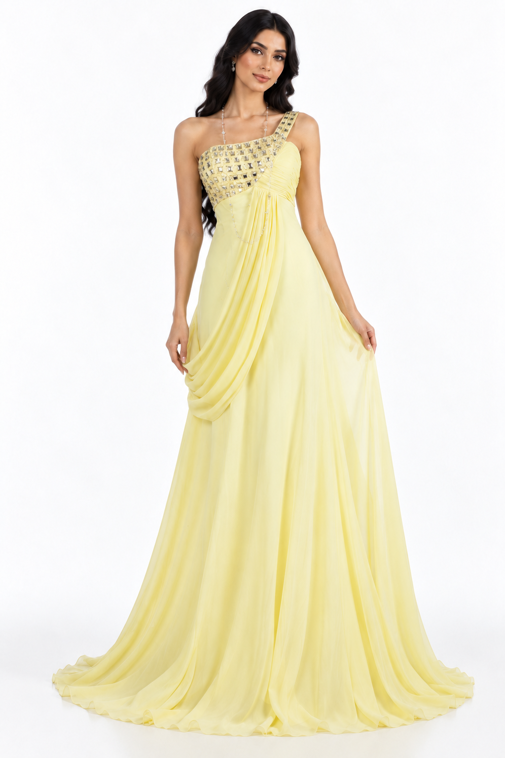 Embellished One-Shoulder Draped Maxi Dress – Aurelle