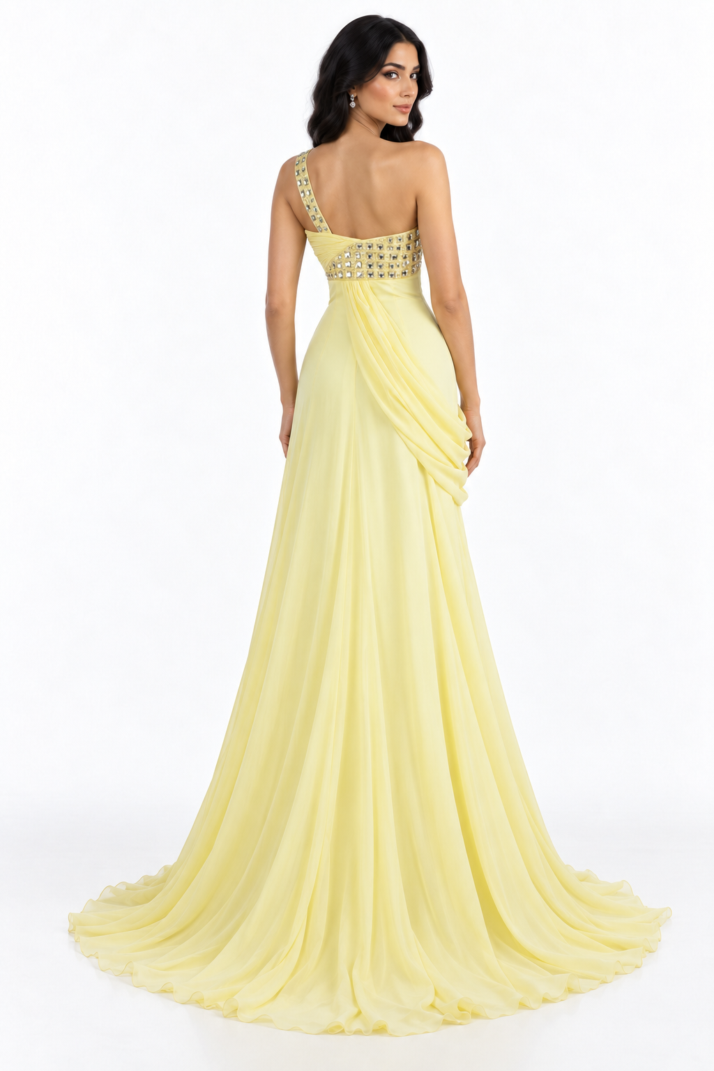 Embellished One-Shoulder Draped Maxi Dress – Aurelle