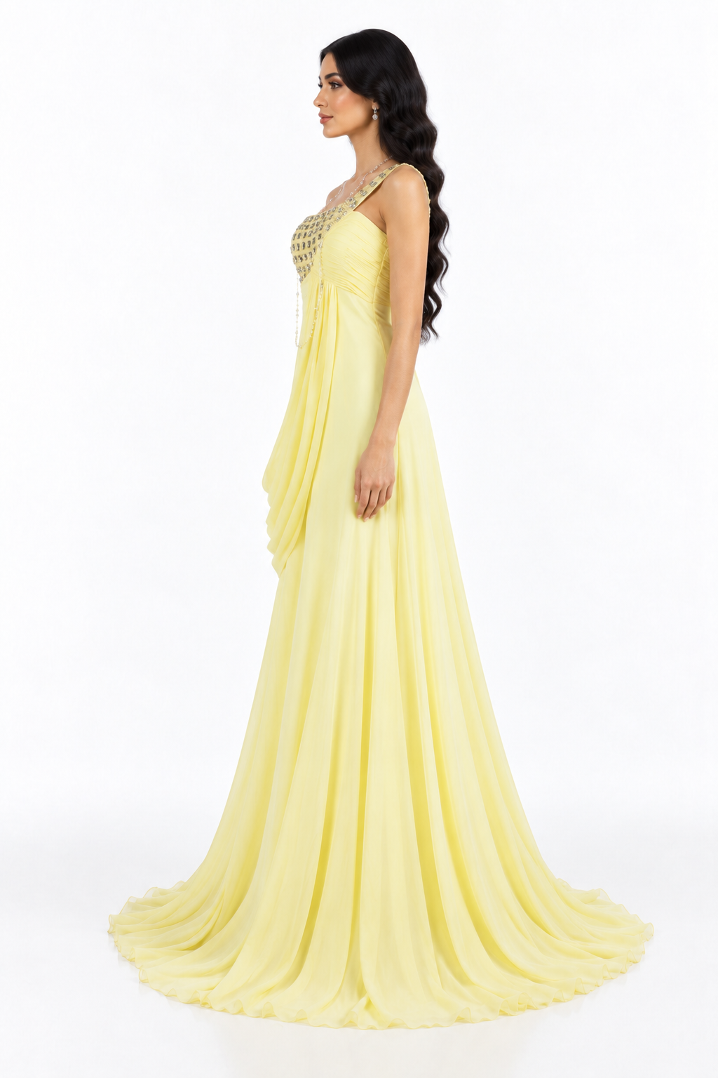 Embellished One-Shoulder Draped Maxi Dress – Aurelle