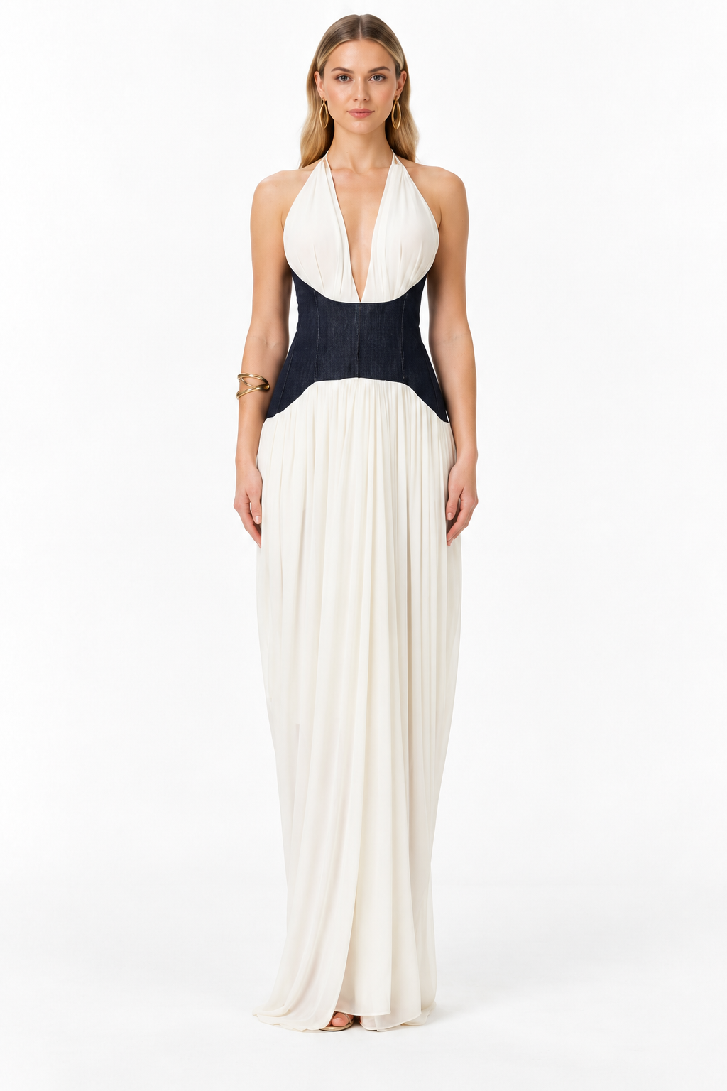 Contrast Waist Halter Maxi Dress – Elara