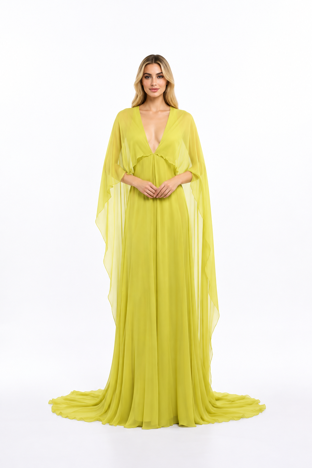 Plunging Neck Cape Sleeve Maxi Dress – Solara