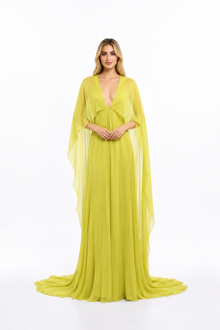 Plunging Neck Cape Sleeve Maxi Dress – Solara