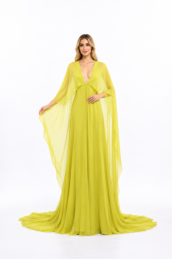 Plunging Neck Cape Sleeve Maxi Dress – Solara