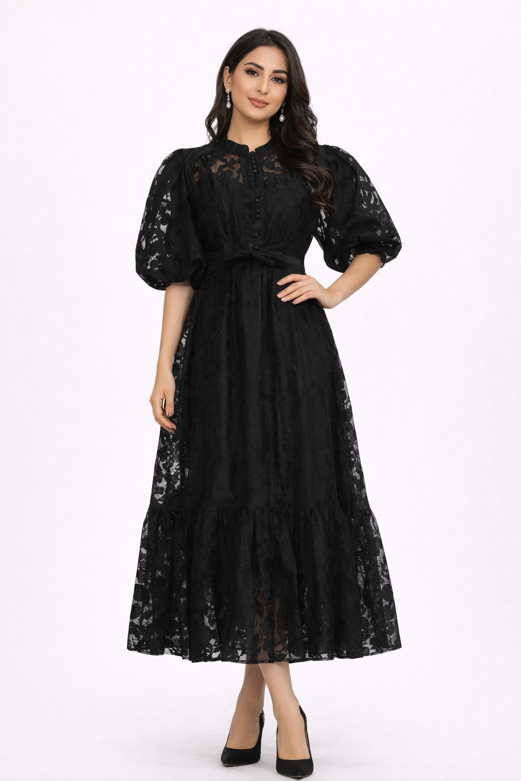 Sheer Lace Puff-Sleeve Maxi Dress – WALDER