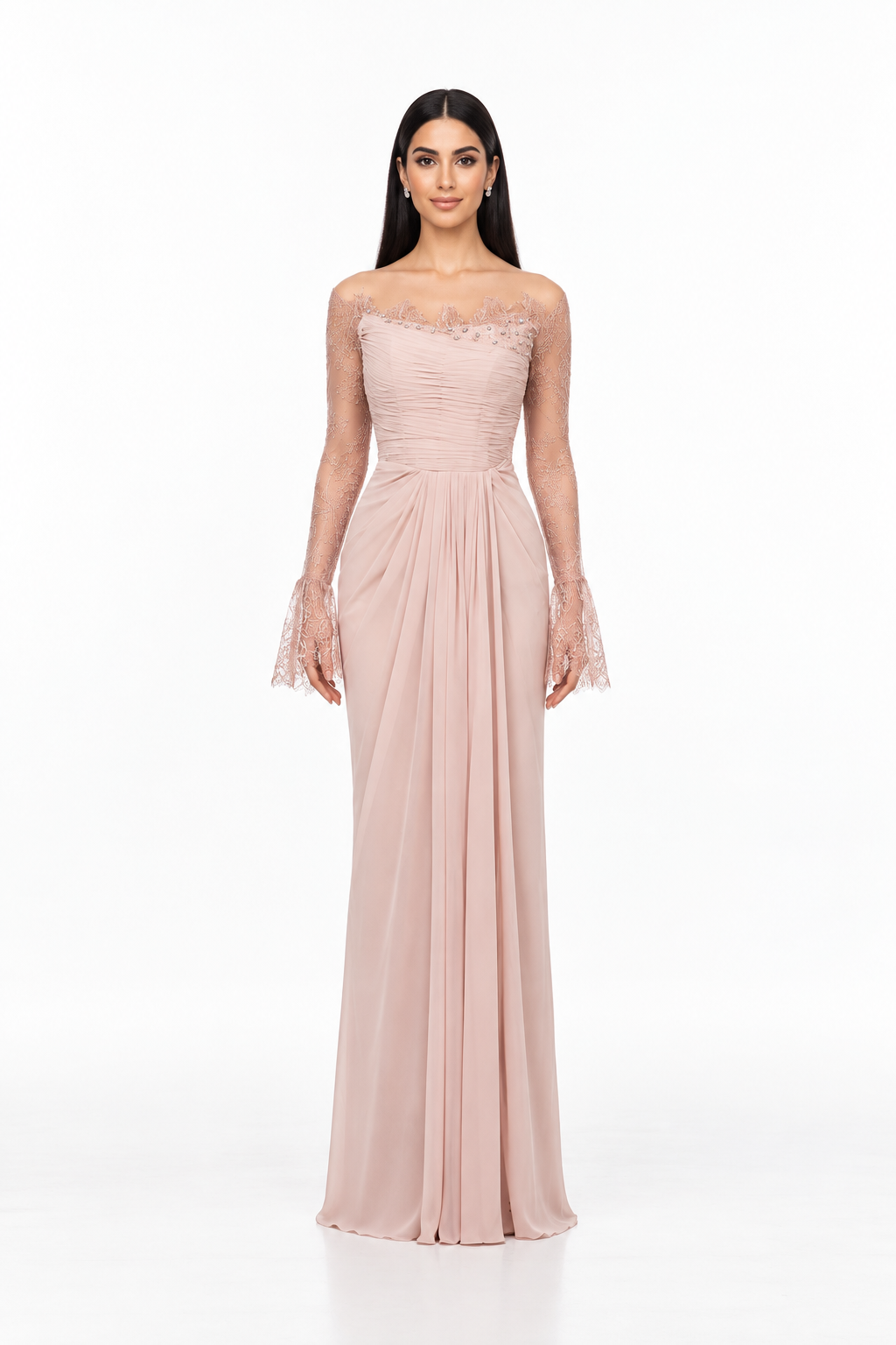 Blush Lace Sleeve Draped Maxi Dress – Eliana
