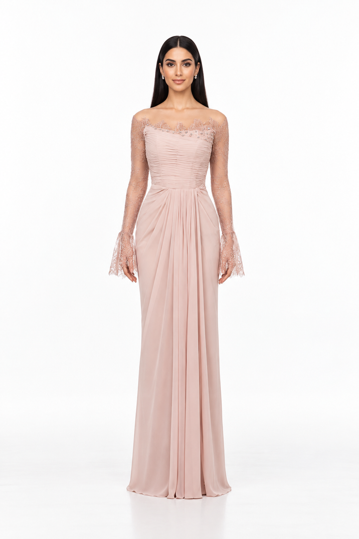 Blush Lace Sleeve Draped Maxi Dress – Eliana