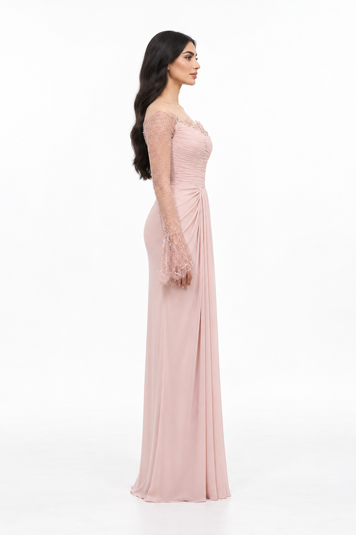 Blush Lace Sleeve Draped Maxi Dress – Eliana