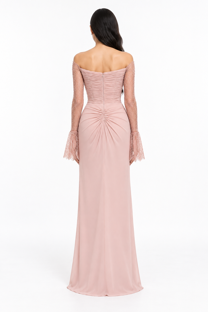 Blush Lace Sleeve Draped Maxi Dress – Eliana
