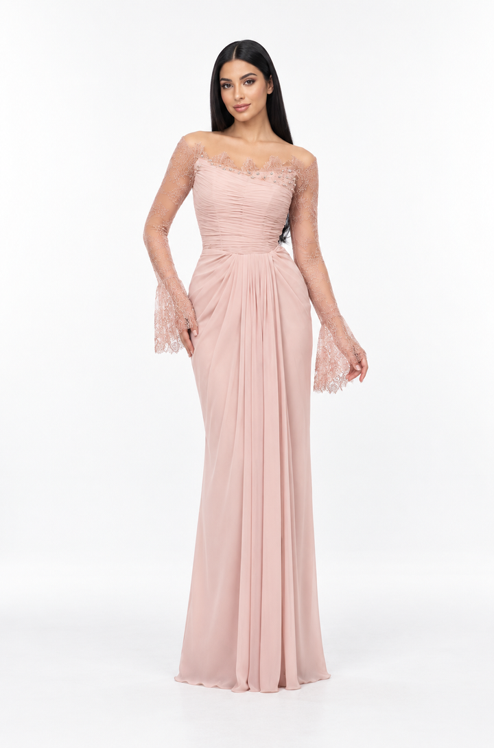 Blush Lace Sleeve Draped Maxi Dress – Eliana