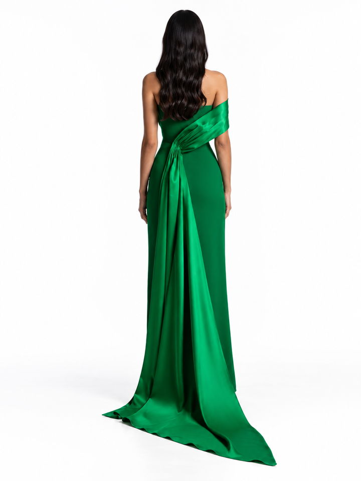 Emerald Satin Off-Shoulder Maxi Dress – Alessia