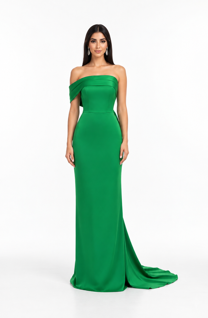 Emerald Satin Off-Shoulder Maxi Dress – Alessia