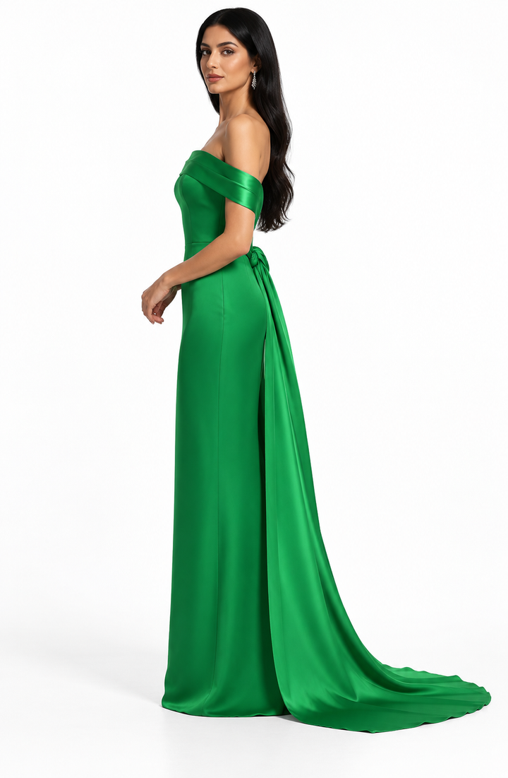 Emerald Satin Off-Shoulder Maxi Dress – Alessia