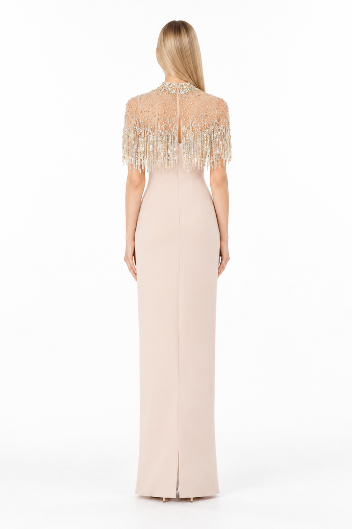 Ivory Crystal Fringe Cape Maxi Dress – Aurelia