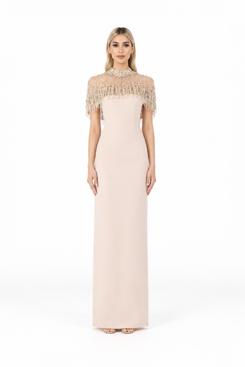 Ivory Crystal Fringe Cape Maxi Dress – Aurelia
