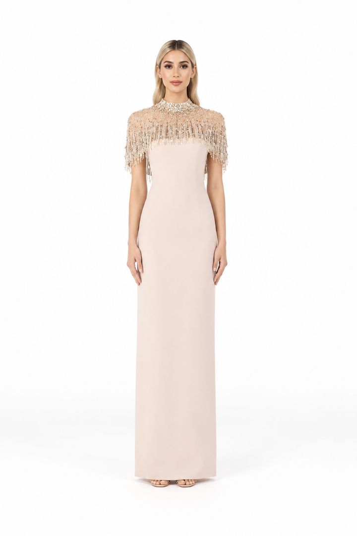 Ivory Crystal Fringe Cape Maxi Dress – Aurelia