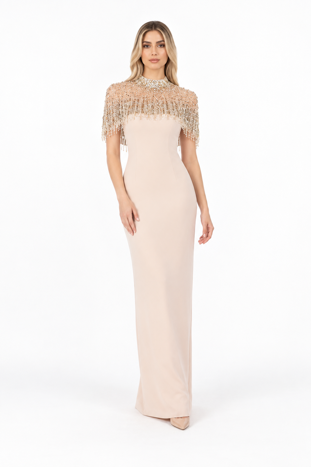 Ivory Crystal Fringe Cape Maxi Dress – Aurelia