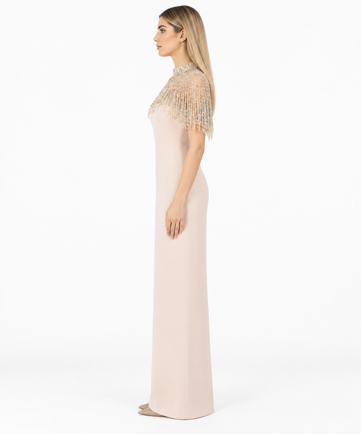Ivory Crystal Fringe Cape Maxi Dress – Aurelia