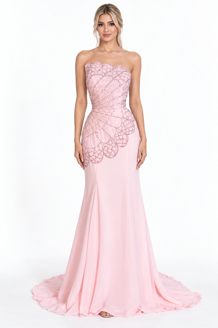 Blush Crystal Embellished Strapless Mermaid Maxi Dress – Rosalie