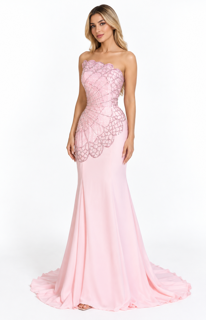 Blush Crystal Embellished Strapless Mermaid Maxi Dress – Rosalie