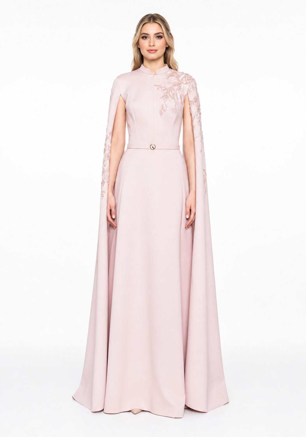 Blush Embellished Cape Sleeve Maxi Dress – Seraphina