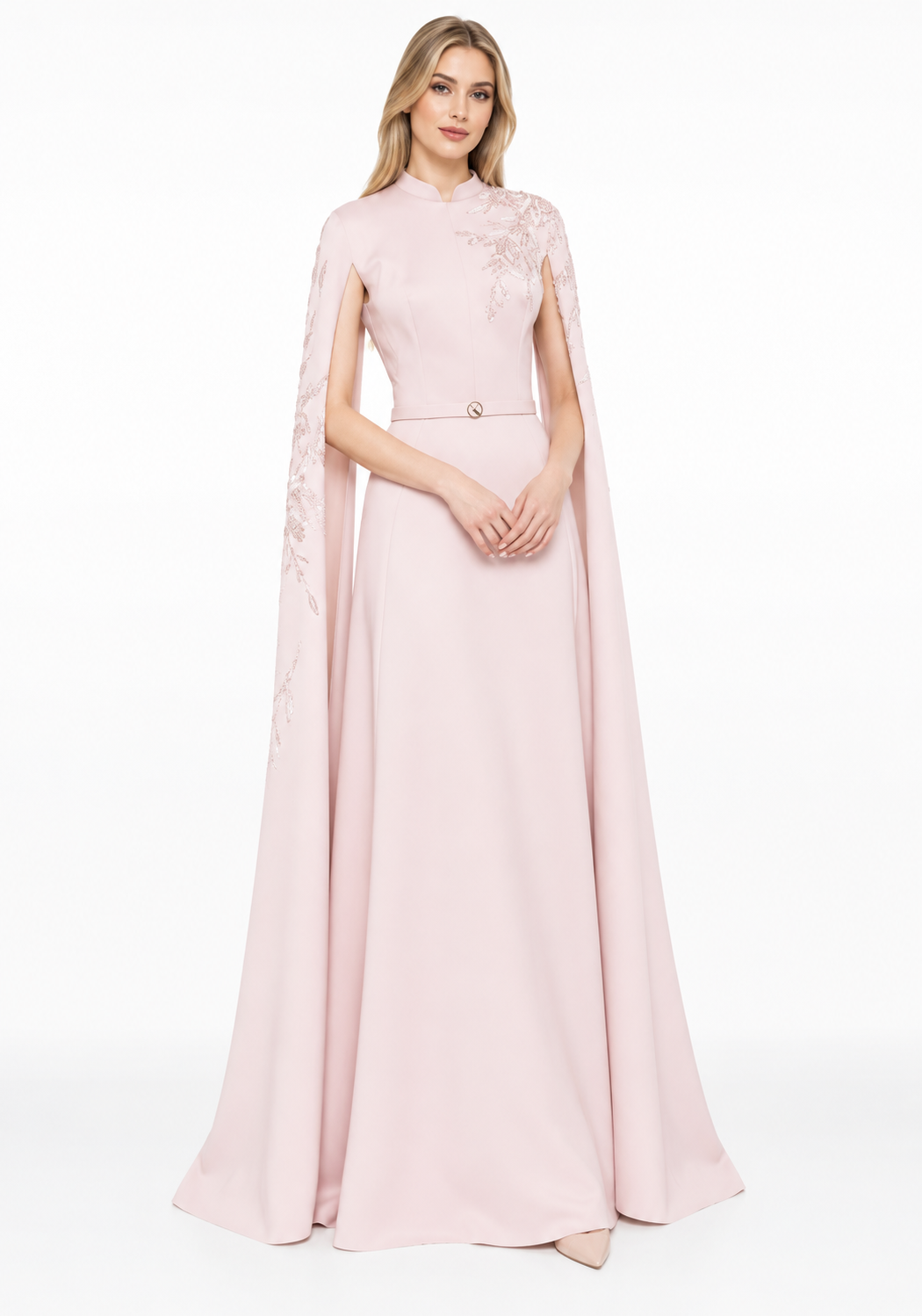 Blush Embellished Cape Sleeve Maxi Dress – Seraphina