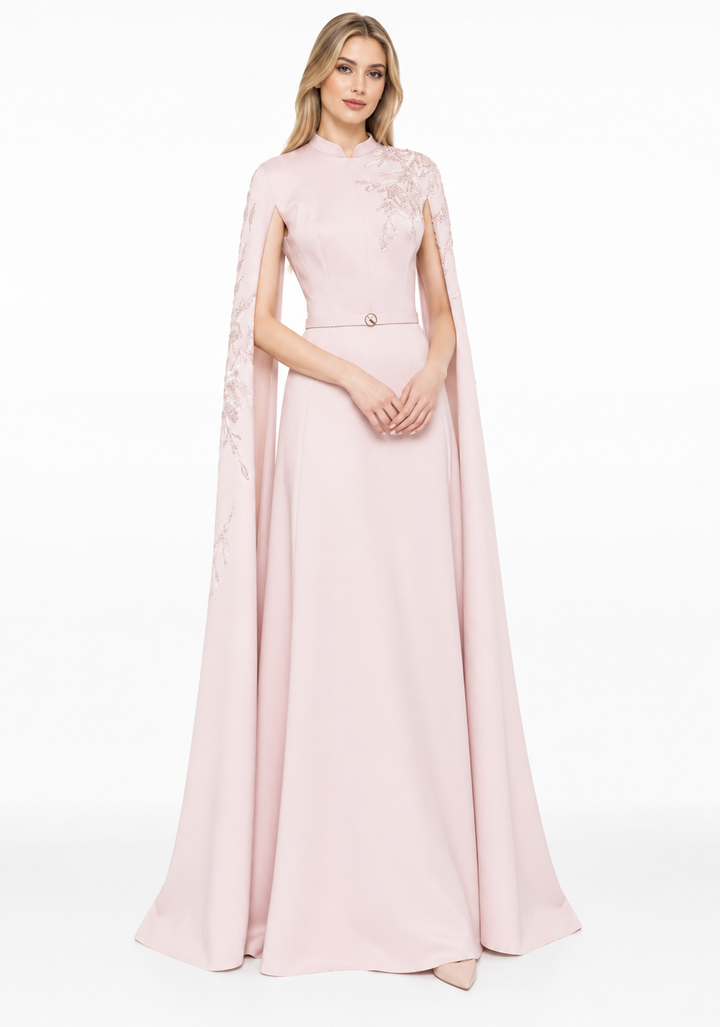 Blush Embellished Cape Sleeve Maxi Dress – Seraphina