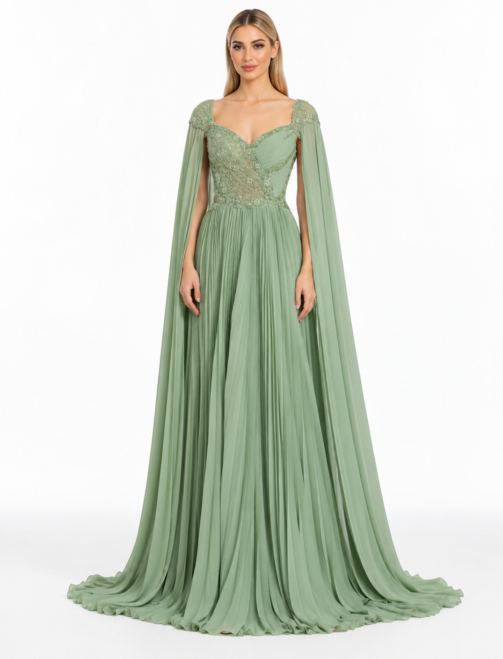 Sage Green Embellished Cape Pleated Maxi Dress – Elara