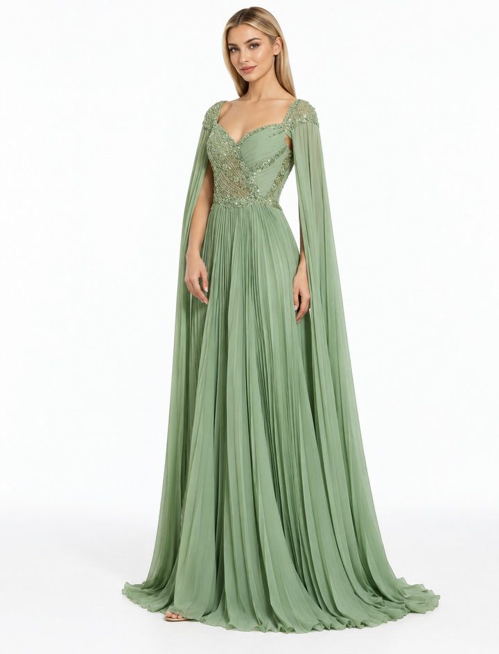 Sage Green Embellished Cape Pleated Maxi Dress – Elara