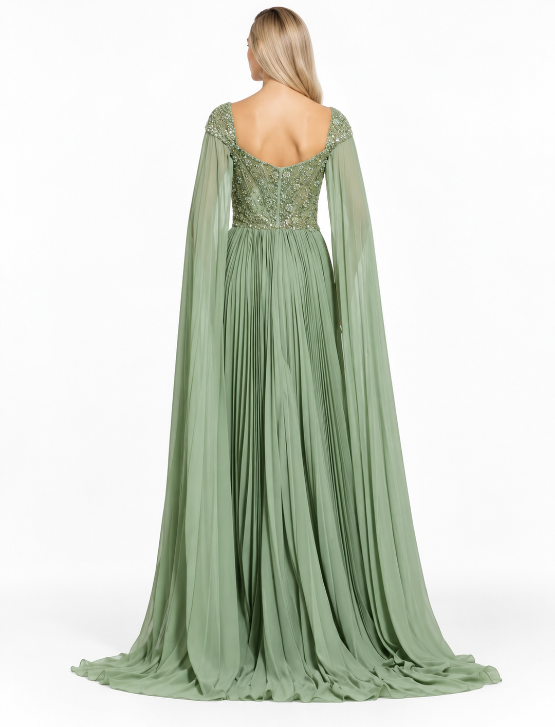 Sage Green Embellished Cape Pleated Maxi Dress – Elara