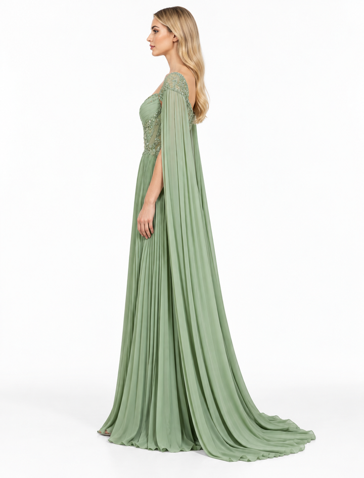 Sage Green Embellished Cape Pleated Maxi Dress – Elara