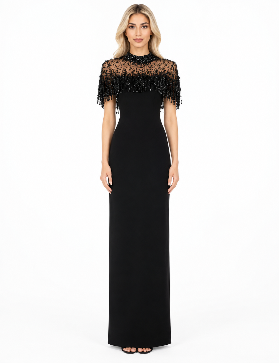 Black Beaded Fringe Cape Maxi Dress – Valentina