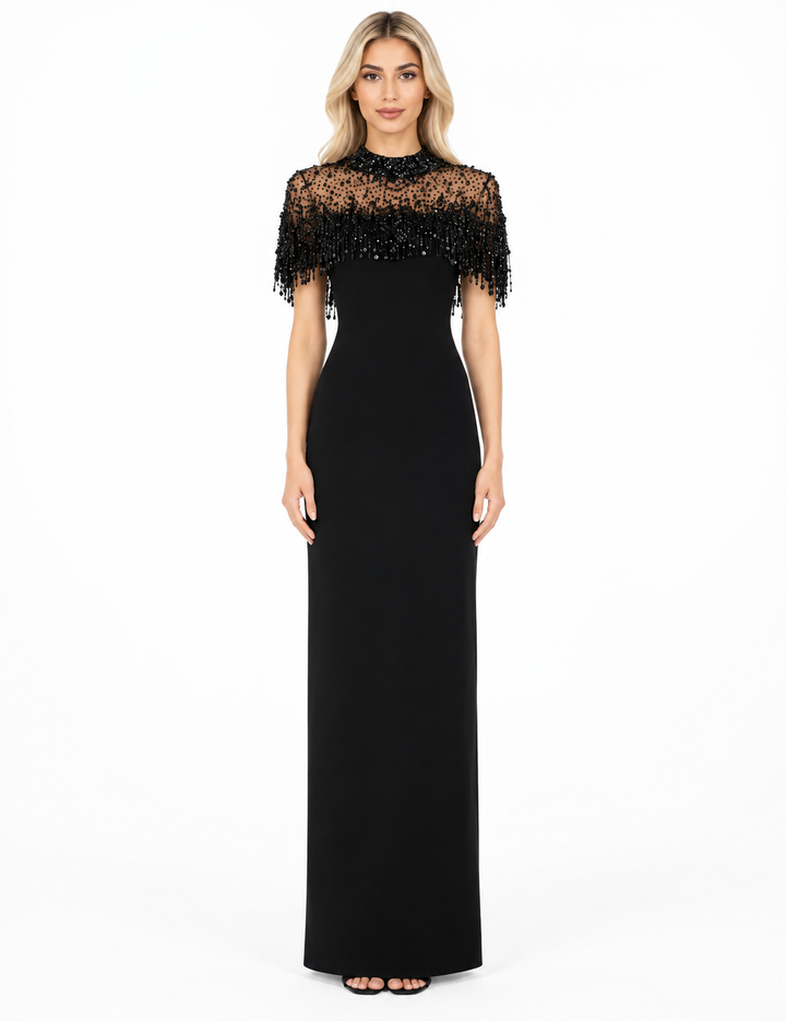 Black Beaded Fringe Cape Maxi Dress – Valentina