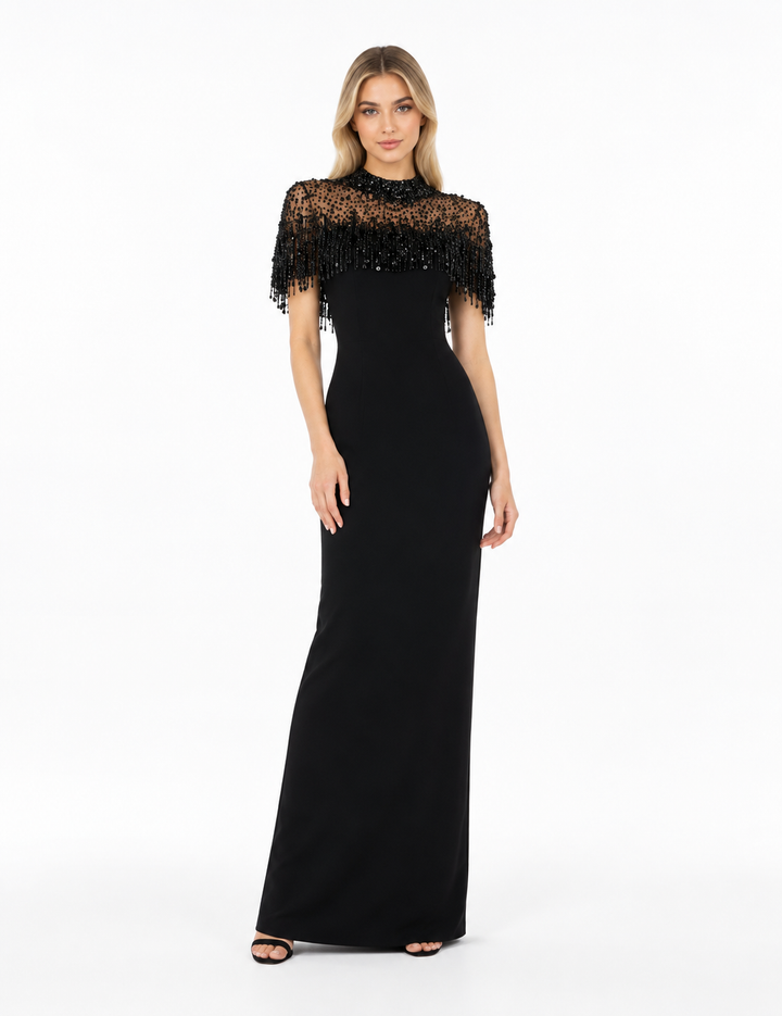 Black Beaded Fringe Cape Maxi Dress – Valentina