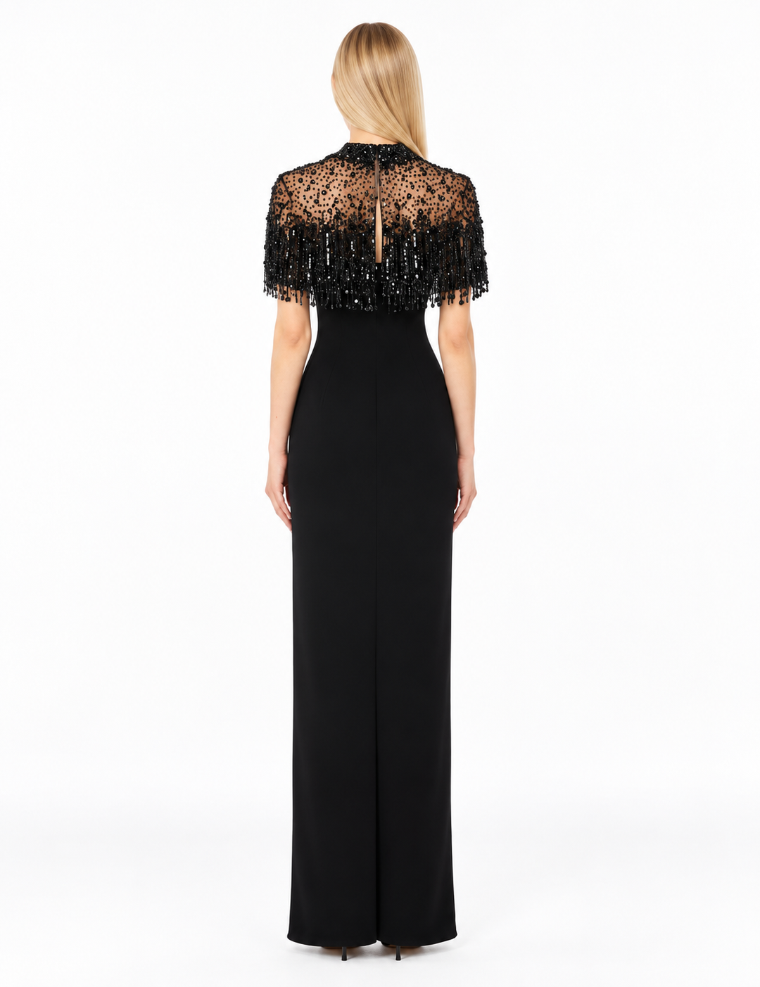 Black Beaded Fringe Cape Maxi Dress – Valentina