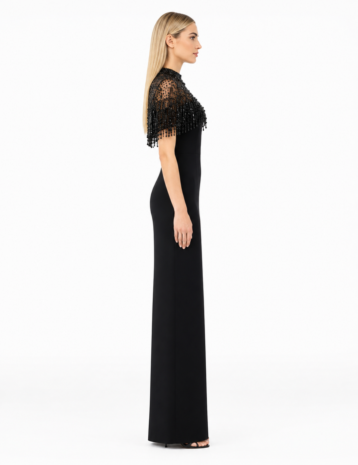 Black Beaded Fringe Cape Maxi Dress – Valentina