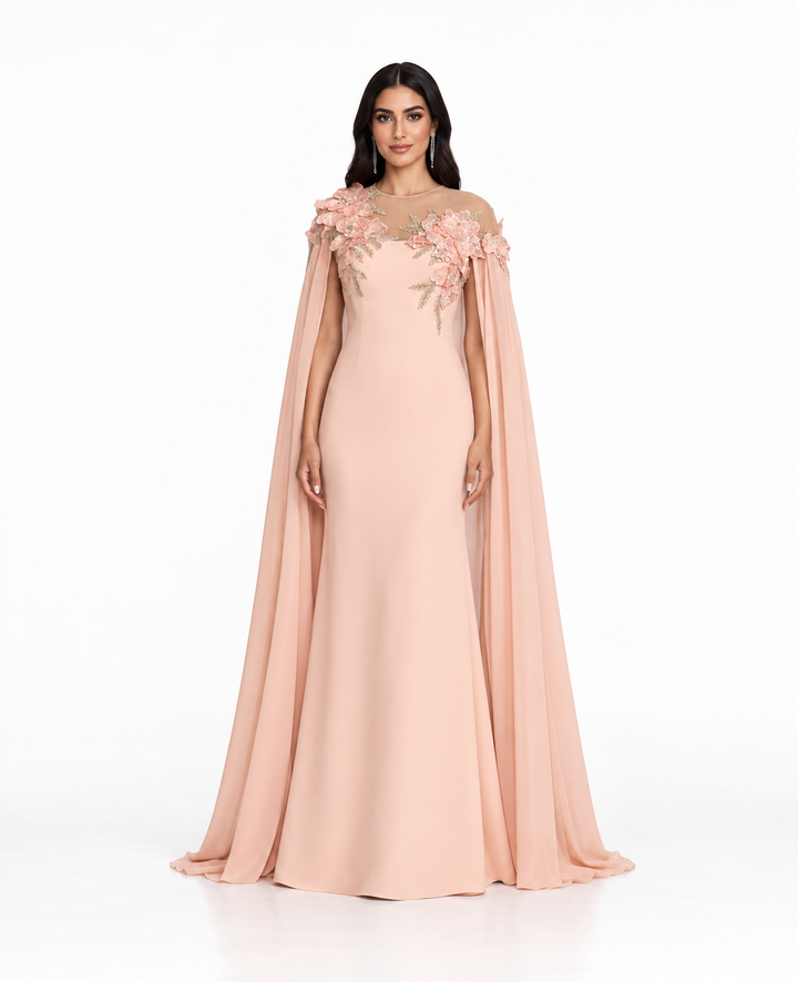 Blush Floral Appliqué Cape Maxi Dress – Rosalie